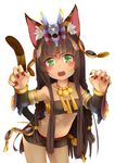  3.14 animal_ears bandeau bastet_(p&amp;d) black_hair braid cat_ears cat_tail dark_skin green_eyes highres long_hair midriff nail_polish navel puzzle_&amp;_dragons solo strapless tail 