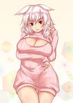  alternate_costume alternate_hairstyle animal_ears bottomless breast_hold breasts cleavage cleavage_cutout highres inubashiri_momiji ketama_(mokoneko) large_breasts looking_at_viewer meme_attire open-chest_sweater open_mouth red_eyes short_hair silver_hair solo sweater touhou wolf_ears 