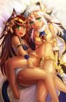  :d :o animal_ears ankh armlet barefoot bastet_(p&amp;d) blush bracelet breasts brown_hair cat_ears chestnut_mouth circlet dark_skin egyptian fangs feet freeze-ex green_eyes jewelry long_hair looking_at_viewer multiple_girls navel open_mouth puzzle_&amp;_dragons shiny shiny_skin small_breasts smile sopdet_(p&amp;d) star white_hair 