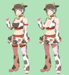  animal_ears animal_print bare_shoulders bell bell_collar belt blush boots breasts brown_eyes brown_hair cleavage collar comparison cow_bell cow_ears cow_horns cow_print detached_sleeves ebinera headset highres horns idolmaster idolmaster_cinderella_girls large_breasts midriff multiple_views navel oikawa_shizuku short_hair shorts sketch 