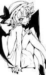  alternate_costume back backless_outfit bat_wings bow crossed_legs fingernails from_side greyscale hand_on_own_knee hat hat_bow high_heels legs looking_at_viewer monochrome remilia_scarlet sharp_fingernails short_hair sitting sketch slit_pupils solo thupoppo touhou wings 