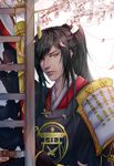  absurdres armor bad_id bad_pixiv_id black_hair cherry_blossoms hair_in_mouth high_ponytail highres japanese_armor japanese_clothes male_focus ponytail shoulder_armor sode solo tarou_tachi touken_ranbu weisuomu_rache yellow_eyes 