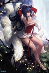  ahri alternate_hairstyle animal_ears armpits arms_up artist_name bare_shoulders barefoot black_hair blurry breasts collarbone depth_of_field detached_sleeves eirashard fox_ears fox_tail full_body korean_clothes large_breasts league_of_legends long_hair looking_at_viewer multiple_tails parted_lips ponytail sitting smile solo tail tree tree_stump yellow_eyes 