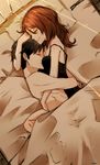  1boy 1girl bed bed_sheet brown_hair clothed_female_nude_male couple eyes_closed glasses glasses_removed hange_zoe hug levi_(shingeki_no_kyojin) lying persona92 shingeki_no_kyojin short_hair sleeping smile 