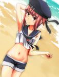 alternate_costume arm_behind_head arm_up armpits bangs bare_shoulders beach blunt_bangs brown_eyes brown_hair cowboy_shot crop_top dutch_angle hat kantai_collection looking_at_viewer maple_takoyaki midriff navel neckerchief sailor_collar sailor_hat short_hair shorts smile solo wrist_extended z3_max_schultz_(kantai_collection) 