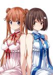  bare_shoulders blue_eyes blue_neckwear blush bob_cut breasts brown_hair cleavage detached_collar double_bun dress hair_ornament highres imari_maria imigimuru kono_bijutsubu_niwa_mondai_ga_aru! long_hair medium_breasts multiple_girls official_art orange_hair short_hair sidelocks simple_background sitting twintails usami_mizuki white_background 