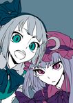  blue_background crescent crescent_hair_ornament flat_color green_eyes grey_hair hair_ornament hair_ribbon hat konpaku_youmu limited_palette long_hair multiple_girls open_mouth patchouli_knowledge purple_eyes purple_hair ribbon short_hair simple_background slit_pupils thupoppo touhou upper_body 