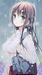  bag bangs black_hair blue_eyes breasts cat_hair_ornament collared_shirt covered_nipples hair_ornament hairclip highres holding_strap large_breasts long_hair long_sleeves looking_at_viewer march-bunny original parted_lips rain school_uniform shirt solo wet wet_clothes wet_shirt white_shirt 