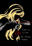 black black_background blonde_hair elbow_gloves french gloves hair_ribbon highres lace lace_gloves lips lipstick long_hair looking_afar looking_to_the_side makeup profile ribbon silhouette smile solo spot_color thread touhou translated very_long_hair white_gloves yakumo_yukari zahlia_h 
