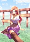  blue_sky blush boots breasts brown_hair cloud cross-laced_footwear day fence foreshortening knee_boots lace-up_boots long_hair long_skirt malon medium_breasts nanjou_satoshi older purple_eyes sitting skirt sky smile solo the_legend_of_zelda the_legend_of_zelda:_ocarina_of_time 