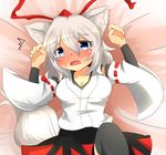  1girl animal_ears black_legwear blue_eyes blush breasts cleavage collarbone detached_sleeves hat highres inubashiri_momiji large_breasts looking_at_viewer nantosei open_mouth short_hair silver_hair solo tail tears tokin_hat touhou wolf_ears wolf_tail 