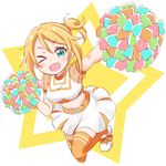  &gt;_o ;d bad_id bad_tumblr_id belt blonde_hair blue_eyes bow check_(check_book) cheerleader cocoro_magical midriff navel nonohara_hime one_eye_closed open_mouth orange_legwear pom_poms scrunchie see-through_sleeves shoe_bow shoes side_ponytail skirt smile solo star thighhighs tokyo_7th_sisters v-shaped_eyebrows 