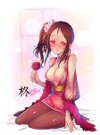  blush breasts brown_hair cleavage cup drinking_glass hiiragi_shino idolmaster idolmaster_cinderella_girls kara_(color) large_breasts long_hair looking_at_viewer red_eyes side_ponytail solo wine_glass 