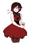  black_hair cropped_legs dashingicecream dress drink frown gradient_hair looking_to_the_side md5_mismatch multicolored_hair pantyhose red_dress red_hair ruby_rose rwby short_hair sigh silver_eyes solo two-tone_hair 