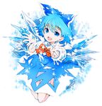  blue_dress blue_eyes blue_hair bow cirno dress hair_bow ice ice_wings ichizen_(o_tori) open_mouth smile solo touhou wings 