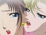  animated animated_gif blonde_hair blue_eyes blush brown_hair ear_licking earrings in_no_houteishiki jewelry licking lipstick makeup mole multiple_girls saeki_sayoko sonia_(in_no_houteishiki) tongue yuri 