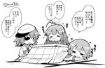  =_= ahoge closed_eyes comic eyepatch greyscale hair_between_eyes herada_mitsuru kantai_collection kiso_(kantai_collection) kotatsu kuma_(kantai_collection) long_hair lying monochrome multiple_girls neckerchief on_stomach open_mouth school_uniform serafuku short_hair sitting sleeping sleepy sparkle table tama_(kantai_collection) translation_request twitter_username under_kotatsu under_table 