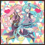  2girls :d aqua_eyes aqua_hair bare_shoulders belt blue_eyes breasts cross-laced_footwear finger_to_mouth hair_ornament hatsune_miku headphones heart highres legs_up light_blush long_hair looking_at_viewer medium_breasts megurine_luka midair multiple_girls open_mouth outstretced_arm pink_hair reaching_out shoulder_tattoo sideboob skirt small_breasts smile tattoo thighhighs twintails very_long_hair vocaloid wogura 