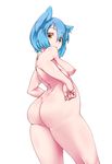  :&lt; animal_ears ass bad_anatomy blue_hair blush breasts cat_ears from_above highres himamushi_nyuudou large_breasts looking_back nipples nude original short_hair simple_background solo thighs white_background yellow_eyes 