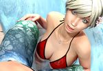  1boy 1girl 3d beauty_mark bikini blonde_hair blue_eyes breasts cleavage earrings eyeliner flower hair_ornament haneto hetero jewelry lipgloss looking_up makeup mole necklace open_mouth original pool realistic reflection ring short_hair swimsuit tongue tongue_out water wet 