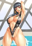  :d :q absurdres areola_slip areolae arm_behind_head arm_up armpits ass_visible_through_thighs bangs bikini black_hair black_swimsuit blunt_bangs blush breasts breasts_apart cameltoe center_opening cleavage come_hither dead_or_alive dead_or_alive_5 front_zipper_swimsuit groin hair_ornament hair_tubes hand_on_hip head_tilt highleg highleg_swimsuit highres hime_cut indoors large_breasts legs_apart licking_lips lipstick long_hair looking_at_viewer makeup meme_attire mole mole_under_mouth naughty_face navel nyotengu one-piece_swimsuit open_clothes open_mouth parted_lips partially_visible_vulva pink_lipstick pokkora pool poolside purple_eyes rei_no_pool sagging_breasts sidelocks smile solo standing swimsuit thighs tongue tongue_out unzipped water window zipper 