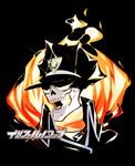  aviator_sunglasses black_background copyright_name fire flame flaming_skull hat highres inferno_cop inferno_cop_(character) logo male_focus police police_badge police_hat police_uniform simple_background skelefuku skull solo sunglasses uniform upper_body watermark web_address 
