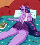  2015 anthro anthrofied bed book clothing daring_do_(mlp) dock equine female friendship_is_magic hair hat hi_res horn inside looking_at_viewer lying mammal my_little_pony on_bed on_front pegasus pillow purple_body purple_eyes skirt solo twilight_sparkle_(mlp) winged_unicorn wings zanclife 