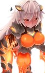  all_fours bad_id bad_pixiv_id black_sclera blush breasts dark_skin framed_breasts full-face_blush glowing golem grey_hair half-closed_eyes highres large_breasts lava_golem_(monster_girl_encyclopedia) looking_at_viewer mantarou_(shiawase_no_aoi_tori) molten_rock monster_girl monster_girl_encyclopedia navel orange_eyes solo 