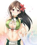  amagi_(kantai_collection) black_hair blush breasts brown_eyes brown_hair cleavage crop_top flower gradient_hair hair_flower hair_ornament heart highres jewelry kantai_collection kyamu_(qqea92z9n) large_breasts long_hair looking_at_viewer midriff mole mole_under_eye multicolored_hair navel petals ring skirt smile solo stomach wedding_band 