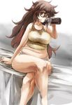  bare_shoulders black-framed_eyewear bottle breasts brown_eyes brown_hair commentary_request crossed_legs drinking fate/extra fate/extra_ccc fate_(series) glasses jinako_carigiri large_breasts long_hair looking_at_viewer navel panties plump sitting soda solo tan tanline underwear white_panties yohane 