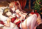  2girls animal_ears antlers armband ass bada_(jksh5056) black_choker black_legwear breasts brown_hair choker christmas christmas_tree collarbone commission commissioner_upload fake_animal_ears fur_trim girls_frontline gloves green_eyes headgear heart_lock_(kantai_collection) kantai_collection large_breasts long_hair looking_at_viewer lying m1903_springfield_(girls_frontline) midriff miniskirt multiple_girls mutsu_(kantai_collection) night on_back on_bed on_person panties ponytail red_gloves red_panties red_skirt reindeer_antlers sideboob skirt socks take_your_pick thighhighs tied_hair underwear white_legwear 