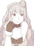  beyond_the_nobles blush breasts brown_eyes cleavage collar ebinera gloves hairband idolmaster idolmaster_(classic) idolmaster_cinderella_girls large_breasts long_hair monochrome shijou_takane silver_hair smile solo 
