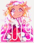  1girl 2019 blonde_hair blue_eyes blush commentary english_commentary erica_june_lahaie happy_new_year highres japanese_clothes kimono lens_flare looking_at_viewer new_year nose_blush original patreon_username short_hair smile solo thick_eyebrows twitter_username weapon 