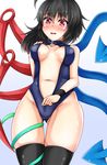 asymmetrical_wings black_hair black_legwear blue_swimsuit blush breasts front_zipper_swimsuit highleg highleg_swimsuit highres houjuu_nue looking_at_viewer medium_breasts meme_attire navel one-piece_swimsuit open_mouth red_eyes solo swimsuit tears thighhighs tokoya_(ex-hetare) touhou unzipping wavy_mouth wings zipper 