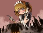 @_@ bad_food blonde_hair blush bottle bowl cooking crazy_eyes gloves grey_eyes hair_ribbon hand_on_own_cheek hand_on_own_face maid maid_headdress open_mouth original ribbon short_twintails smile solo twintails ume_(illegal_bible) 