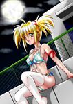  bikini blonde_hair brown_eyes cameltoe chain-link_fence dutch_angle fence front-tie_top long_hair moon nagano_shin'ya side-tie_bikini solo swimsuit thighhighs twintails 