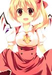  bad_id bad_pixiv_id blonde_hair dress dress_lift fang flandre_scarlet ika no_hat no_headwear one_side_up red_eyes ribbon smile solo touhou wings 