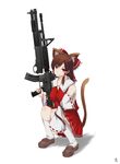  animal_ears arcadia090 assault_rifle bad_id bad_pixiv_id bow brown_hair cat_ears cat_tail detached_sleeves gun hakurei_reimu highres kemonomimi_mode m4_carbine red_eyes remington_870 rifle short_hair shotgun solo tail touhou underbarrel_shotgun weapon 