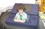  akizuki_ryou androgynous antenna_hair brown_eyes brown_hair crossed_arms glasses handheld_game_console idolmaster idolmaster_dearly_stars male_focus miniboy nintendo_ds nogoodlife open_mouth oversized_object smile solo stylus through_screen 