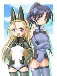  :d ahoge animal_ears annoyed bangs bare_shoulders black_eyes black_hair blonde_hair blue_eyes blue_gloves blue_legwear blue_leotard blush breasts cameltoe checkered cloud covered_navel cowboy_shot crossed_arms day elbow_gloves elise_von_dietrich fake_animal_ears fang flat_chest gloves green_legwear hairband hands_on_hips headgear high_ponytail ichijou_eika leotard long_hair looking_at_viewer motion_slit multiple_girls open_mouth outdoors parted_bangs pilot_suit ponytail shadow shiumai sky sky_girls small_breasts smile thighhighs turtleneck very_long_hair wavy_mouth white_leotard 
