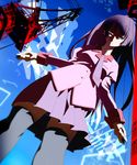  bakemonogatari from_below grey_eyes highres long_hair monogatari_(series) purple_hair school_uniform senjougahara_hitagi smile solo sorethroat stapler thighhighs tower 