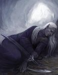  blanket dark_elf drizzt_dourden dungeons_and_dragons elf julax long_hair male_focus pointy_ears scimitar sleeping solo sword weapon white_hair 