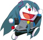  :d arm_up black_pants black_skirt blue_eyes blue_hair blue_neckwear collared_shirt cosplay creature detached_sleeves doraemon doraemon_(character) full_body grey_shirt hatsune_miku hatsune_miku_(cosplay) long_hair looking_at_viewer necktie open_mouth pants pleated_skirt running shirt short_sleeves simple_background skirt smile solo tell196per twintails v-shaped_eyebrows very_long_hair vocaloid white_background wing_collar 