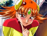  animated animated_gif antennae bangs blinking blush forehead_jewel game_cg hair_ornament hairpods kimura_takahiro lipstick makeup narsha_(viper) naughty_face orange_hair outdoors parted_bangs pointing red_eyes short_hair smile solo spiked_hair turtleneck upper_body viper viper_gt1 