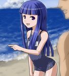  beach blue_hair child day furude_rika higurashi_no_naku_koro_ni kuki_keiji long_hair one-piece_swimsuit outdoors pointing purple_eyes school_swimsuit solo_focus swimsuit water 
