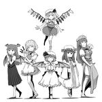  absurdres bat_wings book braid china_dress chinese_clothes dress flandre_scarlet greyscale hat head_wings highres hong_meiling itou_yuuji izayoi_sakuya knife koakuma maid monochrome multiple_girls one_side_up patchouli_knowledge ponytail remilia_scarlet short_hair touhou twin_braids wings 