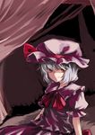  bad_id bad_pixiv_id bee_(deadflow) bow bowtie curtains dress evil_smile fang looking_at_viewer no_wings puffy_short_sleeves puffy_sleeves red_bow red_eyes red_neckwear remilia_scarlet ribbon short_sleeves silver_hair smile solo touhou 