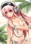  bangs bare_shoulders beach bikini blush breast_hold breasts cable cleavage digital_media_player hair_between_eyes hamoto headphones holding large_breasts leaf long_hair looking_at_viewer navel nitroplus outdoors pink_eyes pink_hair print_bikini side-tie_bikini skindentation smile solo standing super_sonico sweat swimsuit untied upper_body very_long_hair 