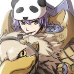  1boy armor bangs breastplate commentary_request gauntlets grey_eyes griffin gryphon_(ragnarok_online) hair_between_eyes looking_at_viewer natsuya_(kuttuki) open_mouth panda_hat pauldrons pipe pipe_in_mouth purple_eyes ragnarok_online royal_guard_(ragnarok_online) shield short_hair shoulder_armor simple_background smile upper_body white_background 