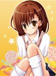  bad_id bad_pixiv_id bangs blush bow brown_eyes brown_hair candy closed_mouth collarbone feet_out_of_frame food frown gradient gradient_background heart kneehighs lollipop misaka_mikoto moriairi open_mouth school_uniform short_hair sitting solo standing to_aru_majutsu_no_index yellow_bow 